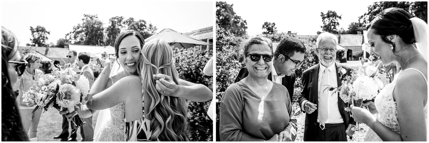 Candid wedding celebration moments captured in garden setting.