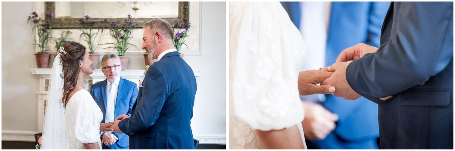 Intimate wedding ceremony moments in an elegant room with classic decor.