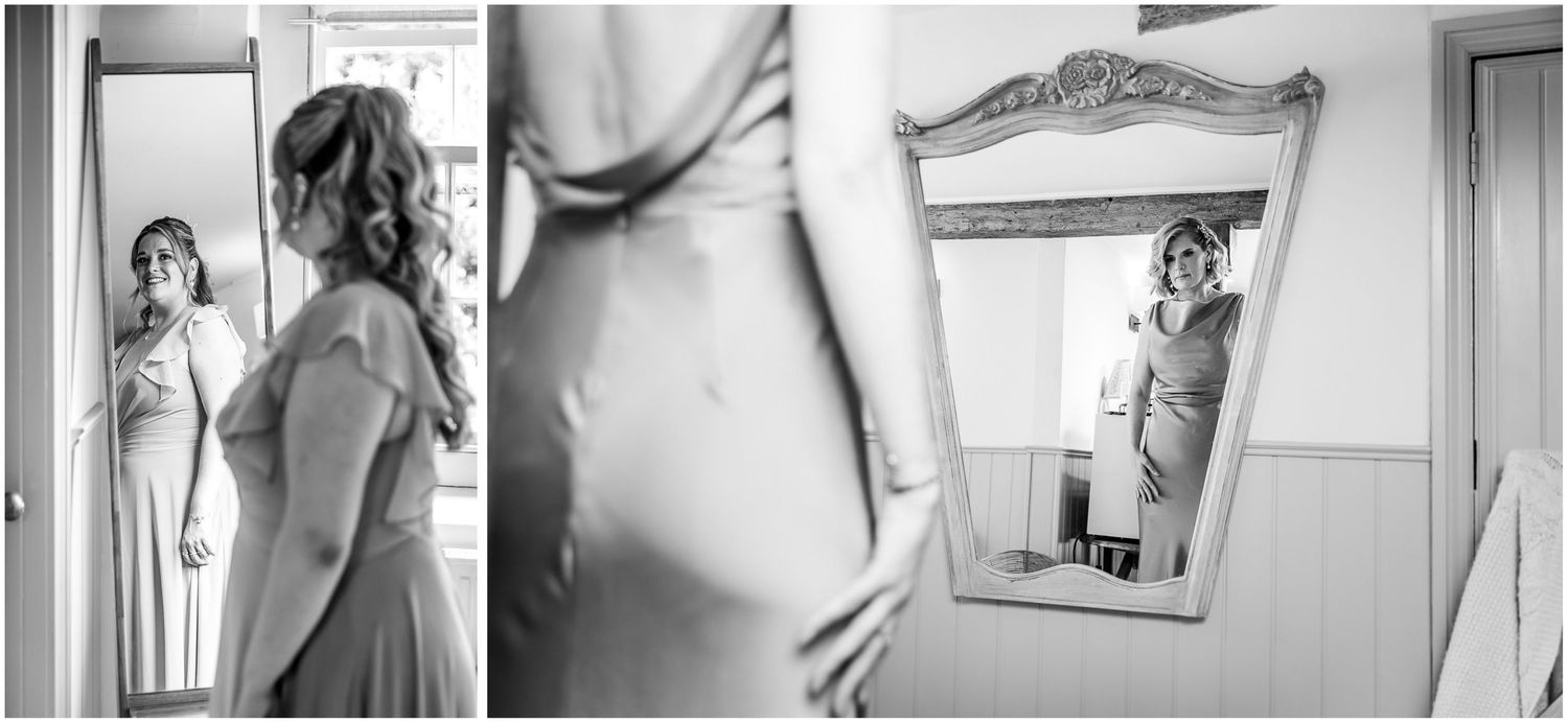 Black and white wedding preparation photos showing a bride in an elegant gown, with a mirror reflection capturing her bridal look.