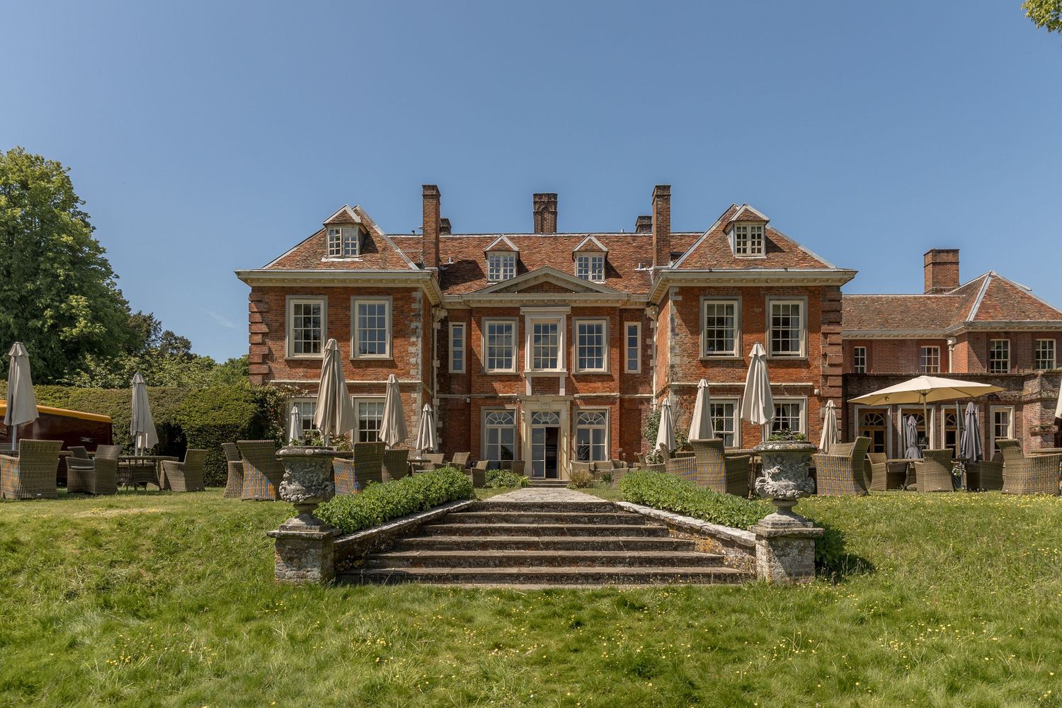 Photograph of the rear view of Lainston House Hotel, Winchester wedding venue