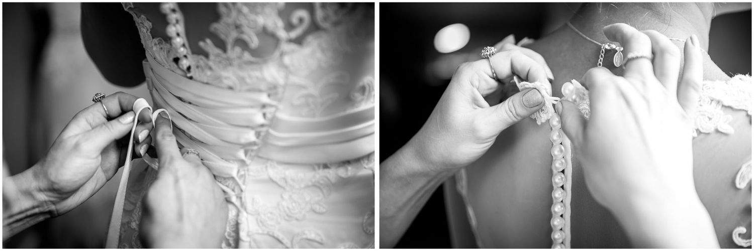 A series of black and white photographs showing hands measuring and adjusting a dress during a fitting session.