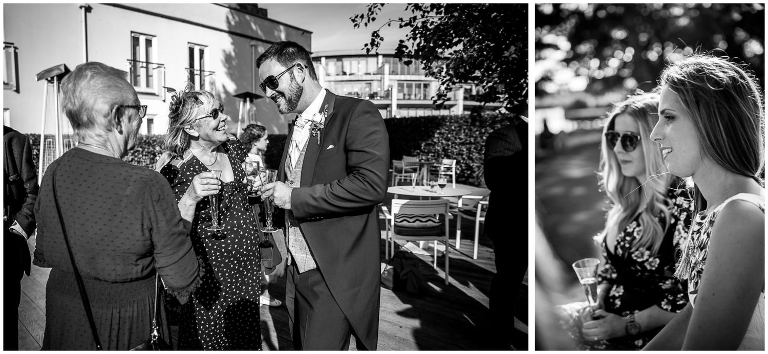 A series of black and white candid photographs showing people interacting at what appears to be a wedding celebration.
