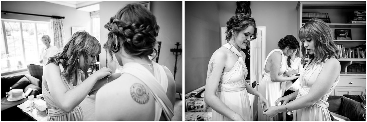 A series of black and white wedding photography moments showing preparations and intimate details of the special day.