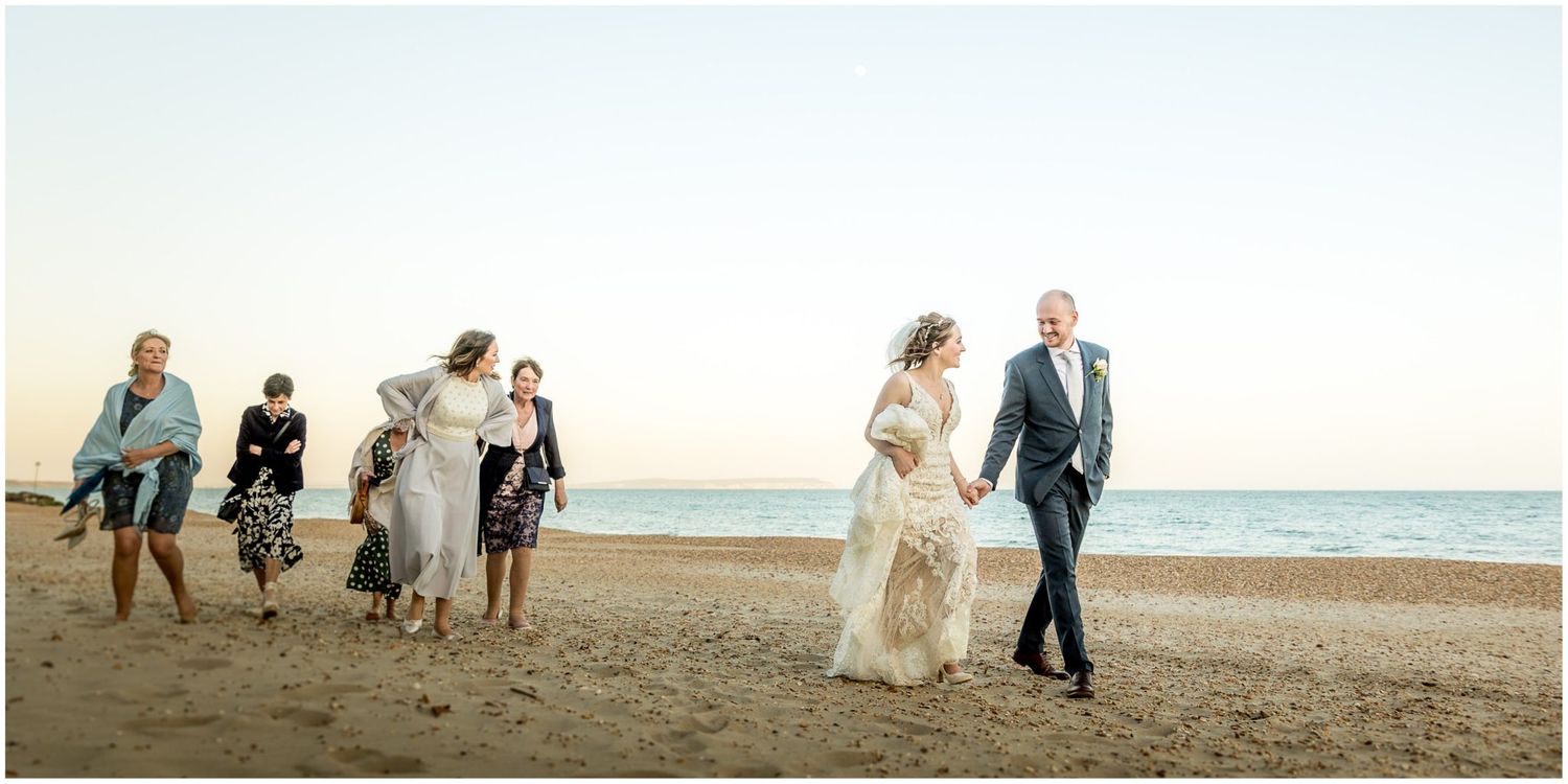 Wedding photo sequence showing couple walking on beach with ocean backdrop.