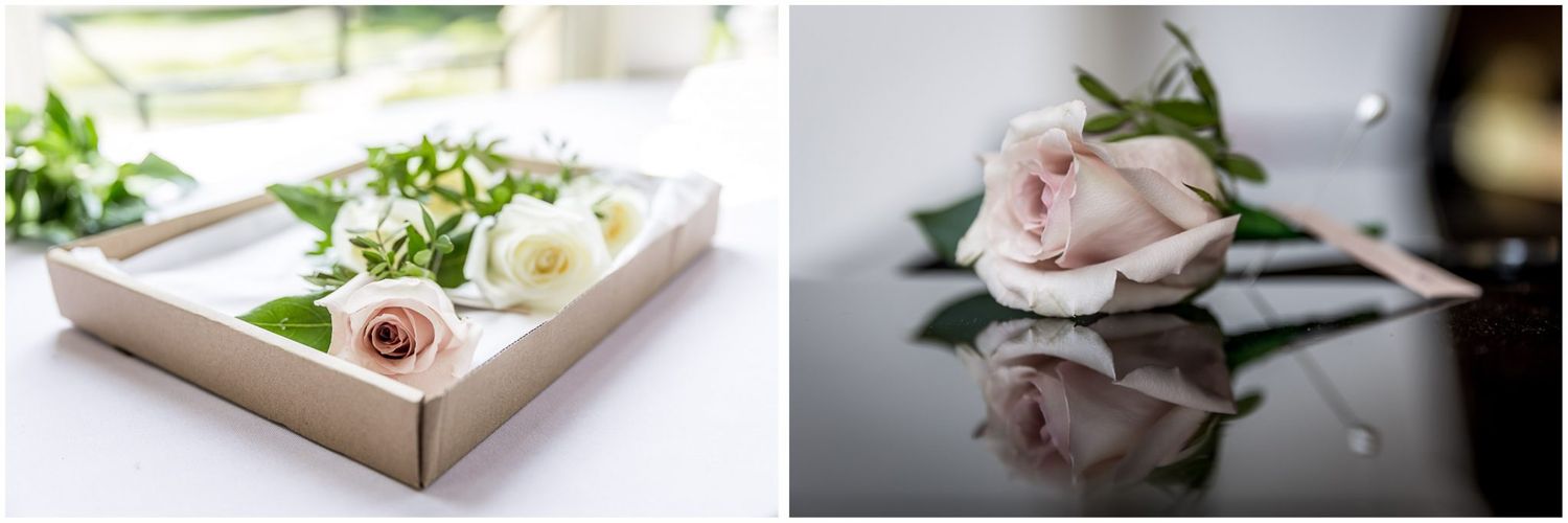 Delicate pink and white floral arrangements with roses and greenery for wedding decor.