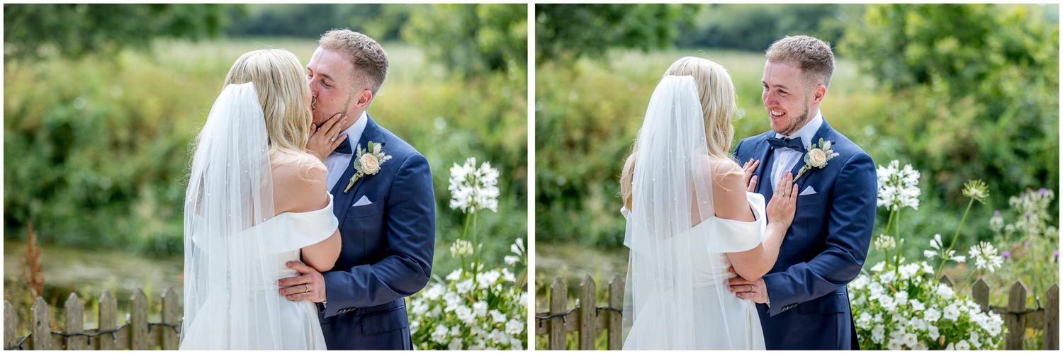 Wedding couple shares tender moments in a garden setting with natural greenery backdrop.