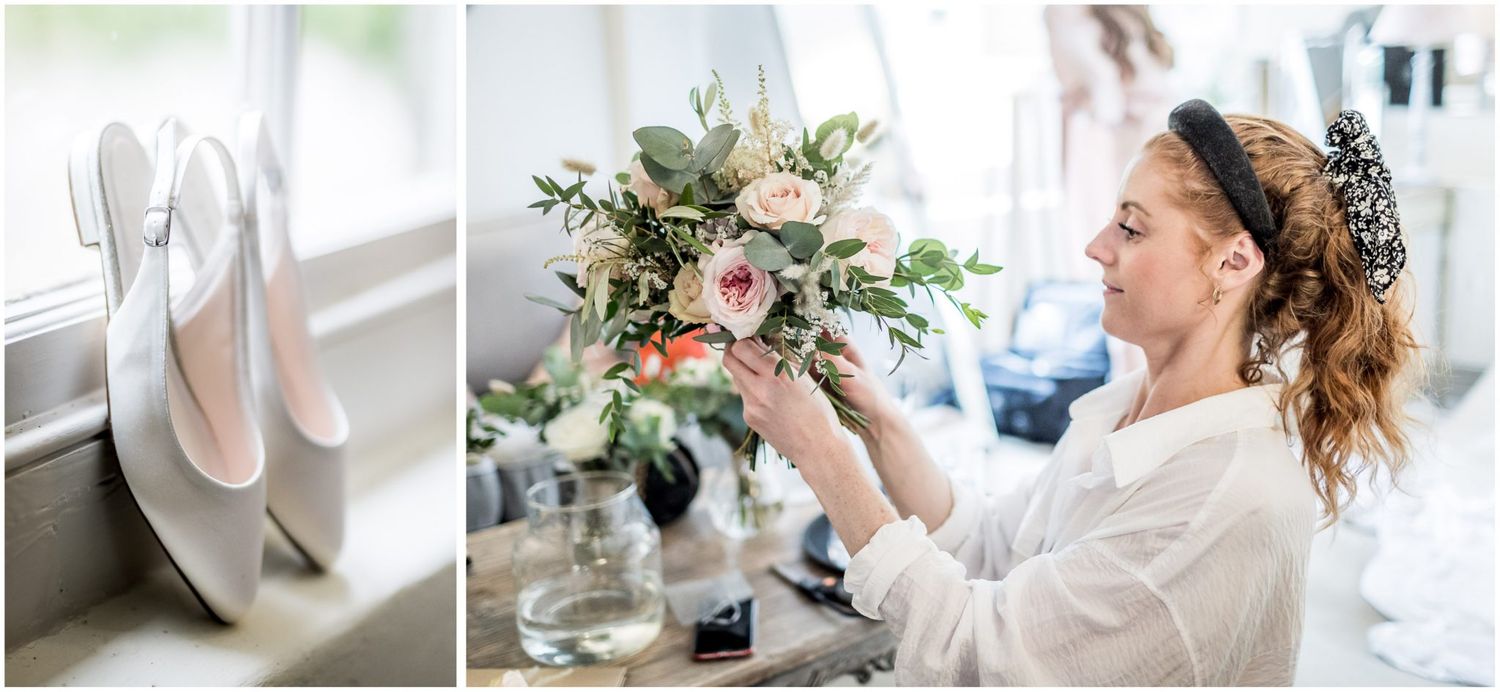 Wedding preparation details including floral arrangements and delicate styling elements.