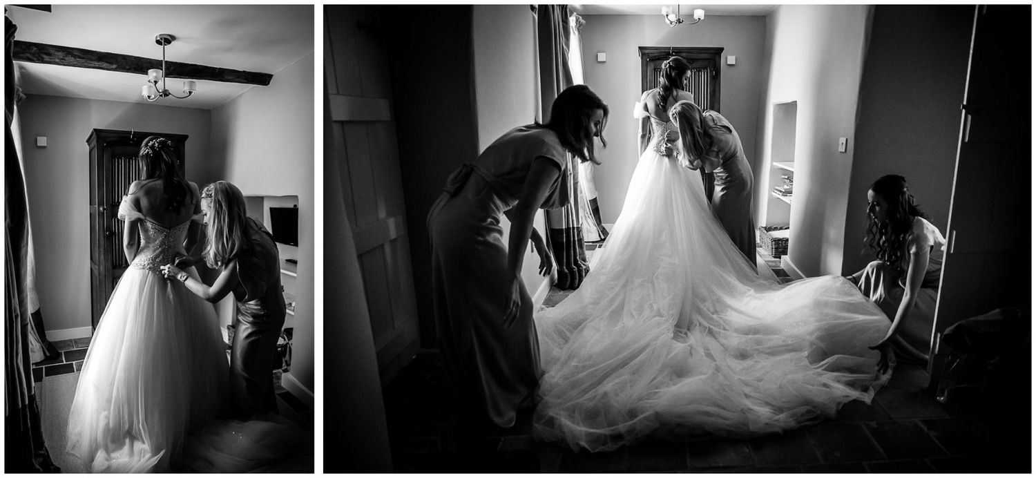 A series of black and white wedding photographs showing preparations and moments from a bridal ceremony.