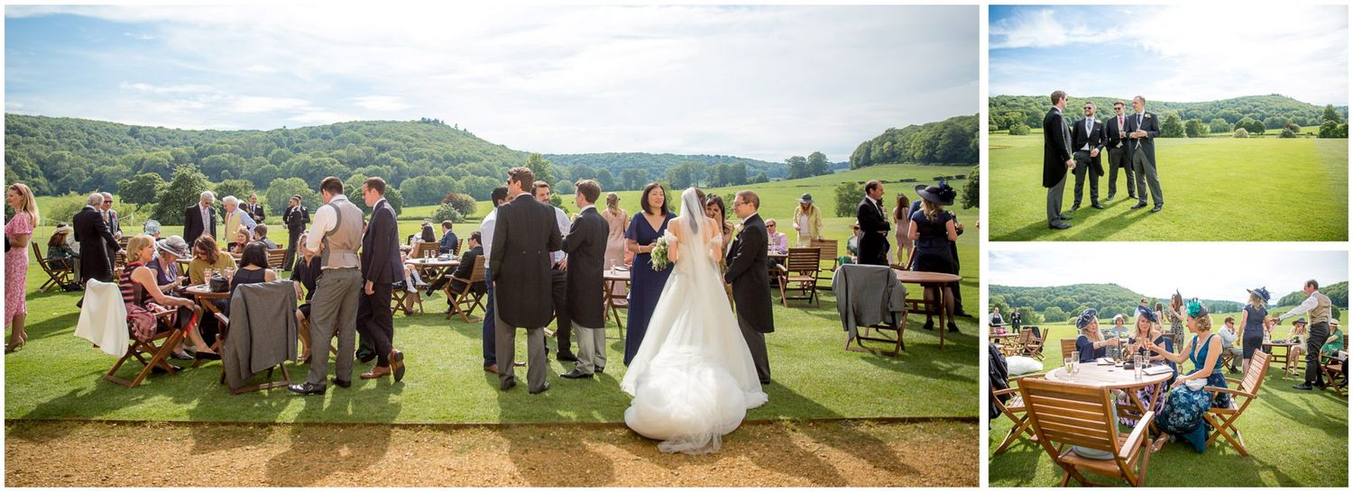 A collection of outdoor wedding celebration photos showing guests and scenic countryside views.