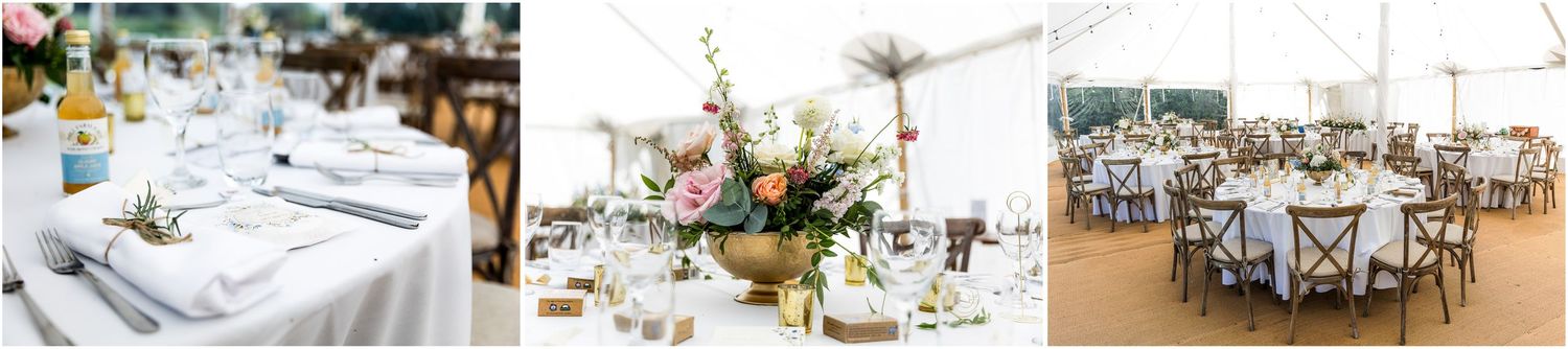 Wedding reception tables set with elegant place settings and floral centerpieces in a bright tent.