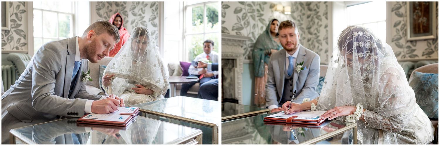 Series of intimate moments during wedding document signing ceremony.