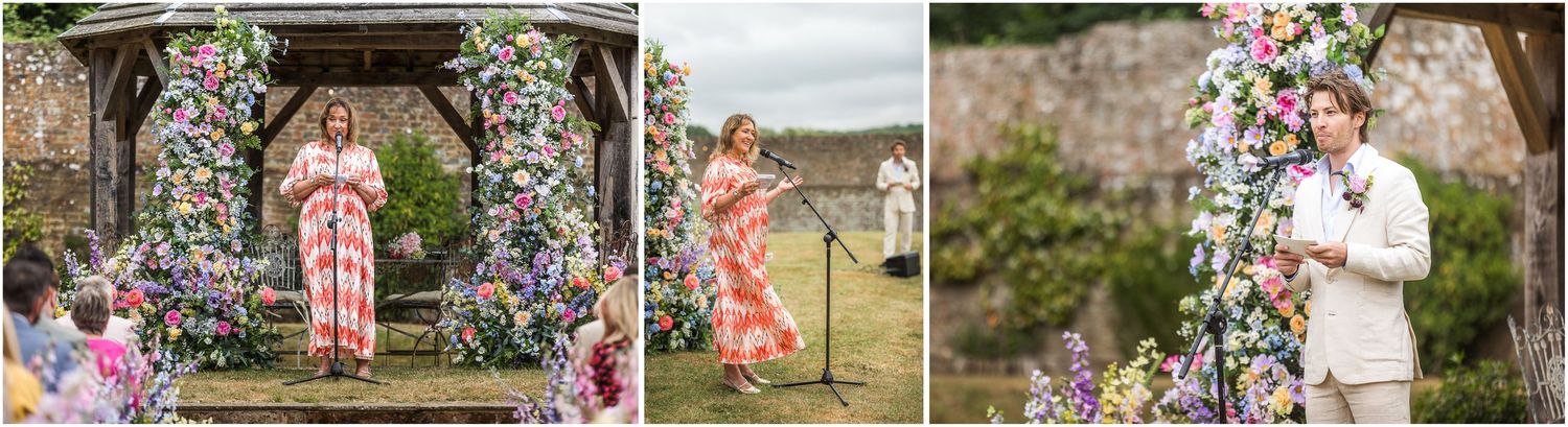 Wedding speeches in the gardens outside the marquee