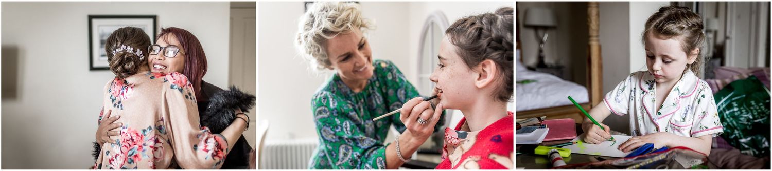 Three candid moments of wedding day preparations captured in a triptych style layout.