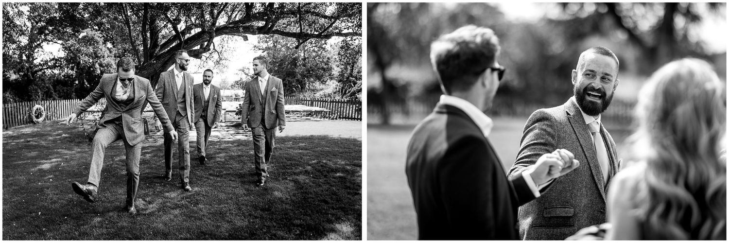 Black and white candid photos of wedding guests interacting during outdoor celebration.