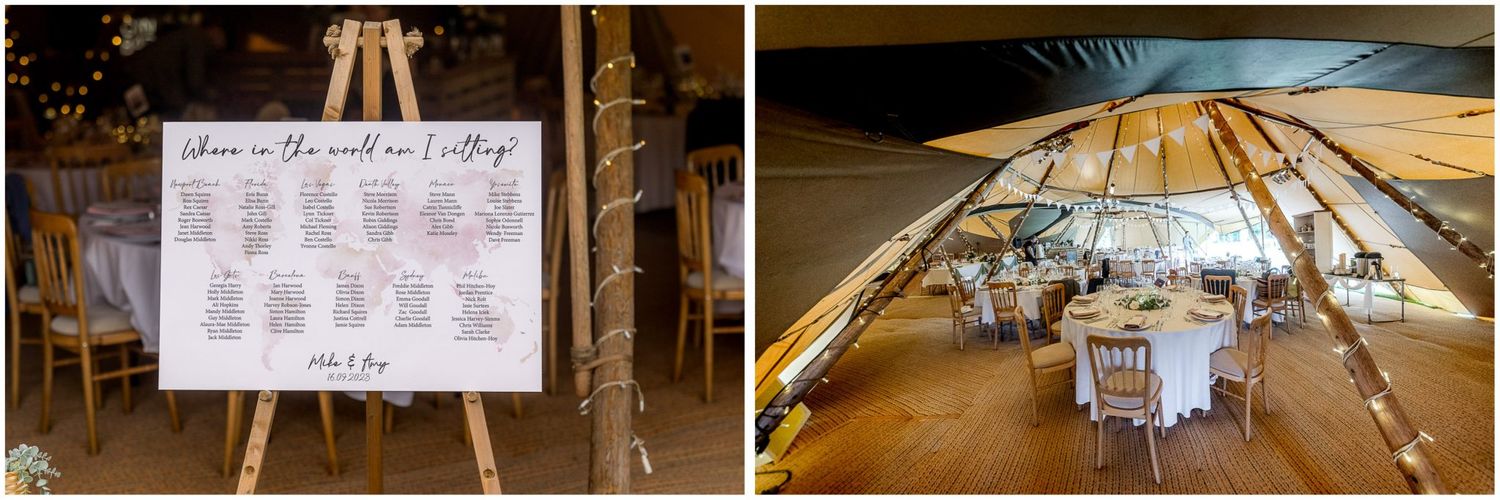 Interior of a rustic tipi venue decorated with wooden tables and hanging lights.
