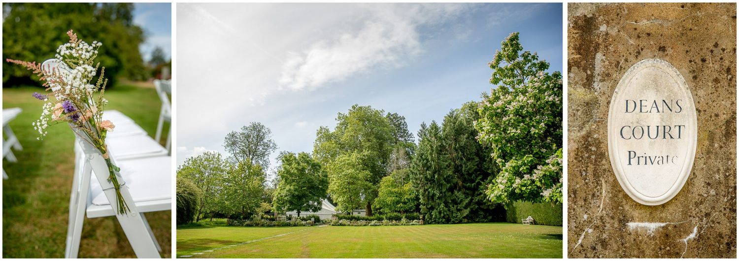 A collage of outdoor wedding venue photos showing gardens, pathways, and elegant signage in natural settings.