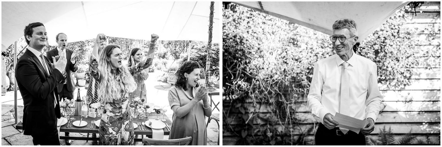 Black and white candid shots of guests mingling and celebrating at an outdoor wedding reception.