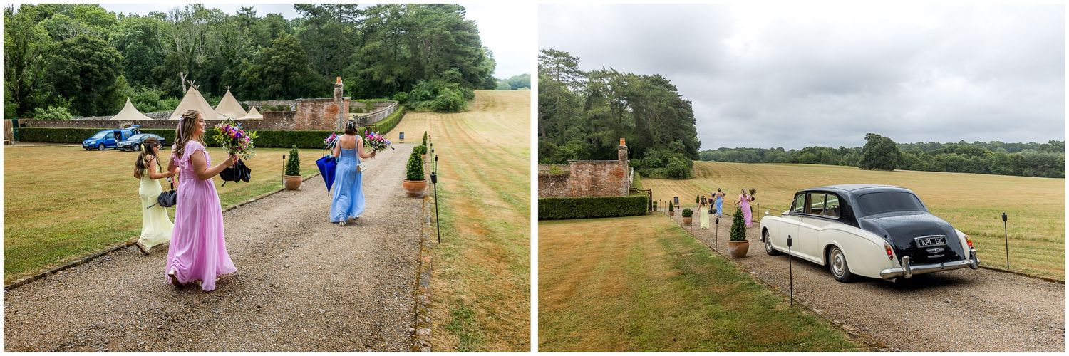 The bride walks towards the walled garden of the Holywell Estate for the outdoor wedding ceremony.