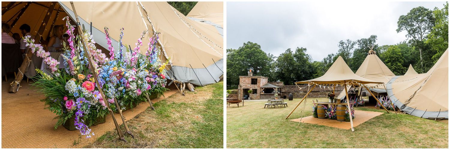 The tipi setup in the walled garden of the Holywell Estate near Winchester in Hampshire