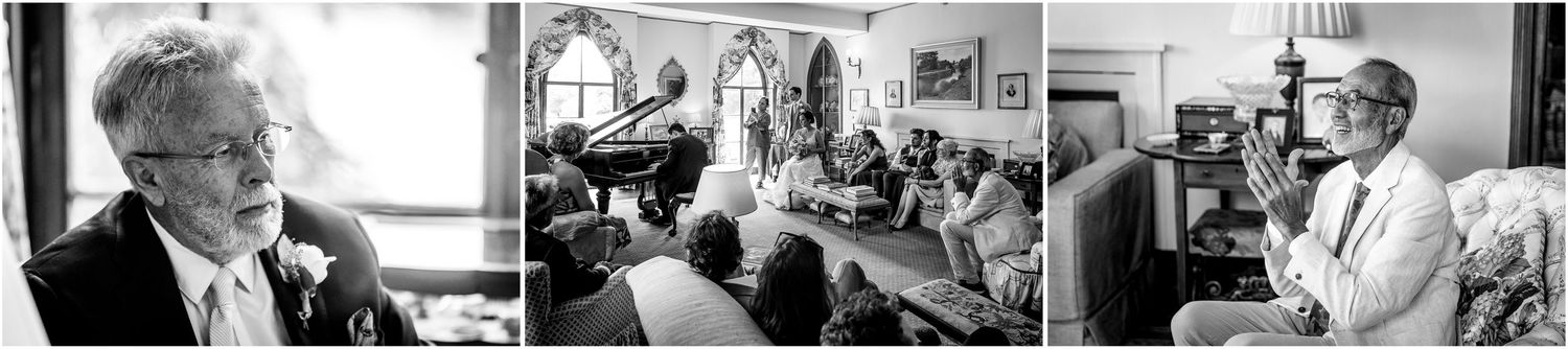 Black and white candid shots of wedding reception moments and celebrations.