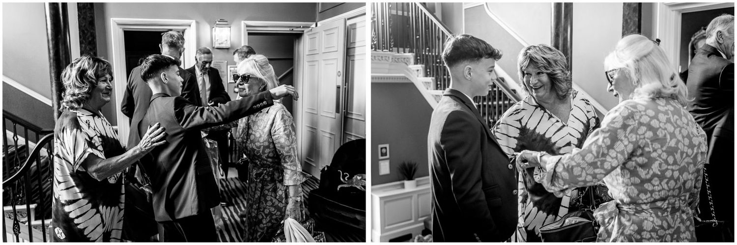 Black and white candid shots of wedding guests interacting.