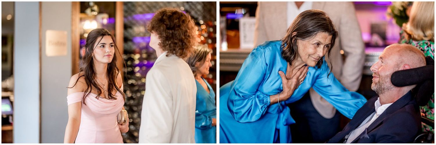 Candid moments of wedding celebration captured during an indoor reception party.