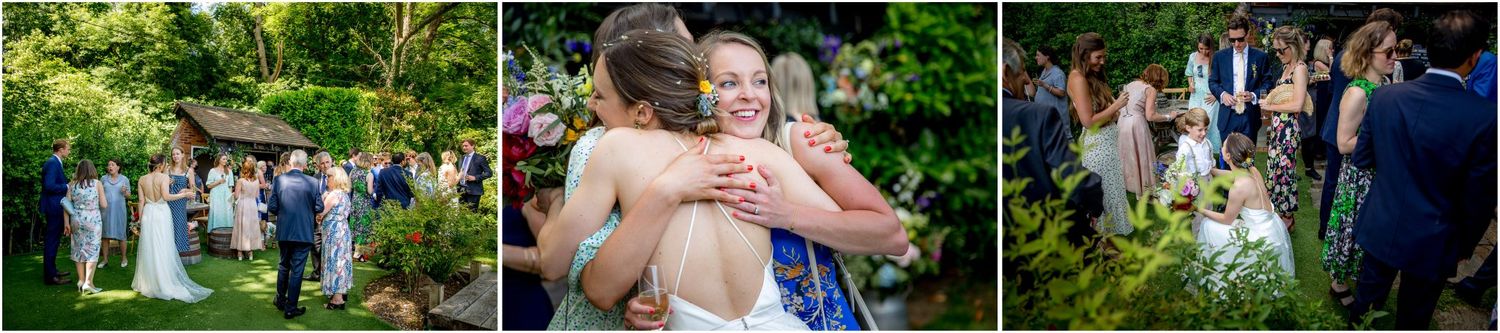 Series of candid wedding moments captured in outdoor garden venue.