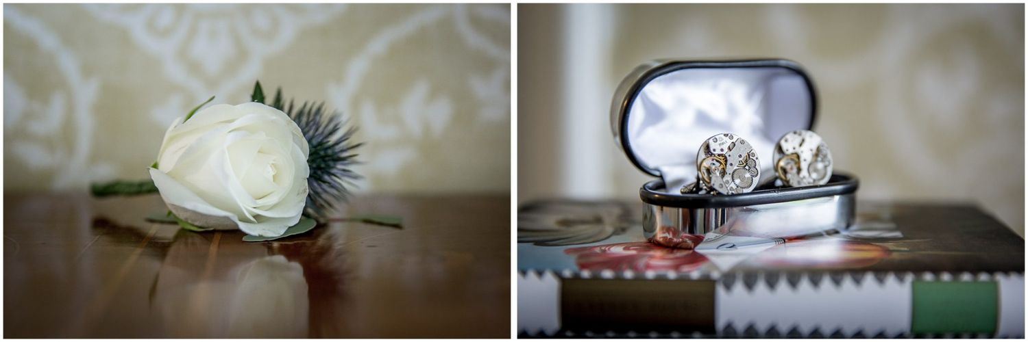 Detail shots of wedding accessories including flowers and decorative elements.