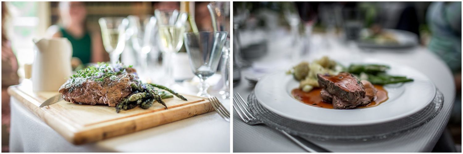 Fine dining plates with beautifully presented wedding reception meals.