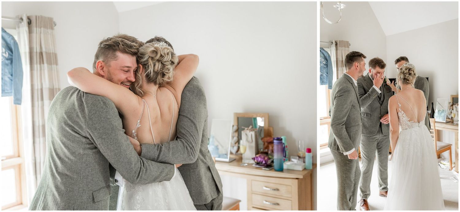 Emotional wedding day moments shared between loved ones in a bright interior space.
