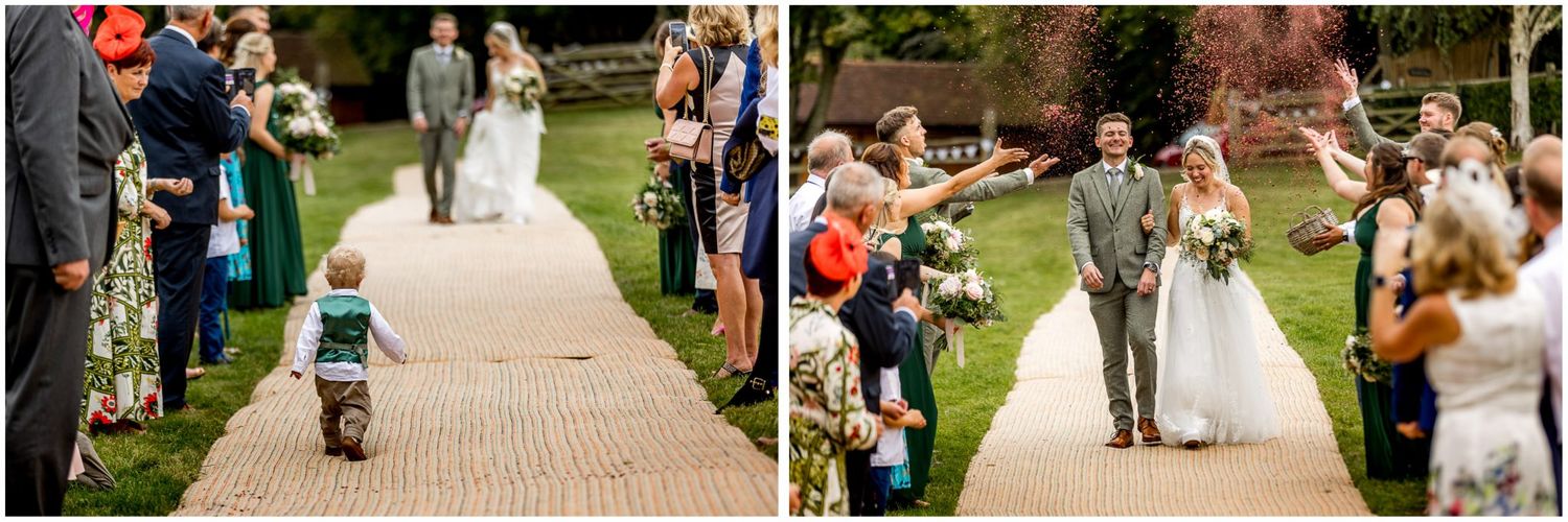 Sequence of wedding ceremony moments showing guests and celebrations in a garden pathway.