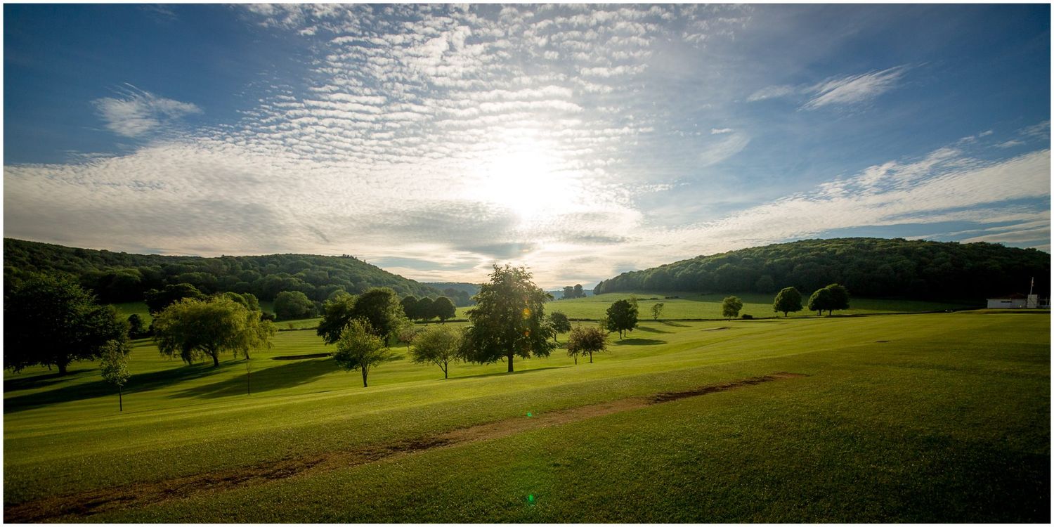 Panoramic view of rolling green hills with scattered trees under a dramatic cloudy sky at sunset.