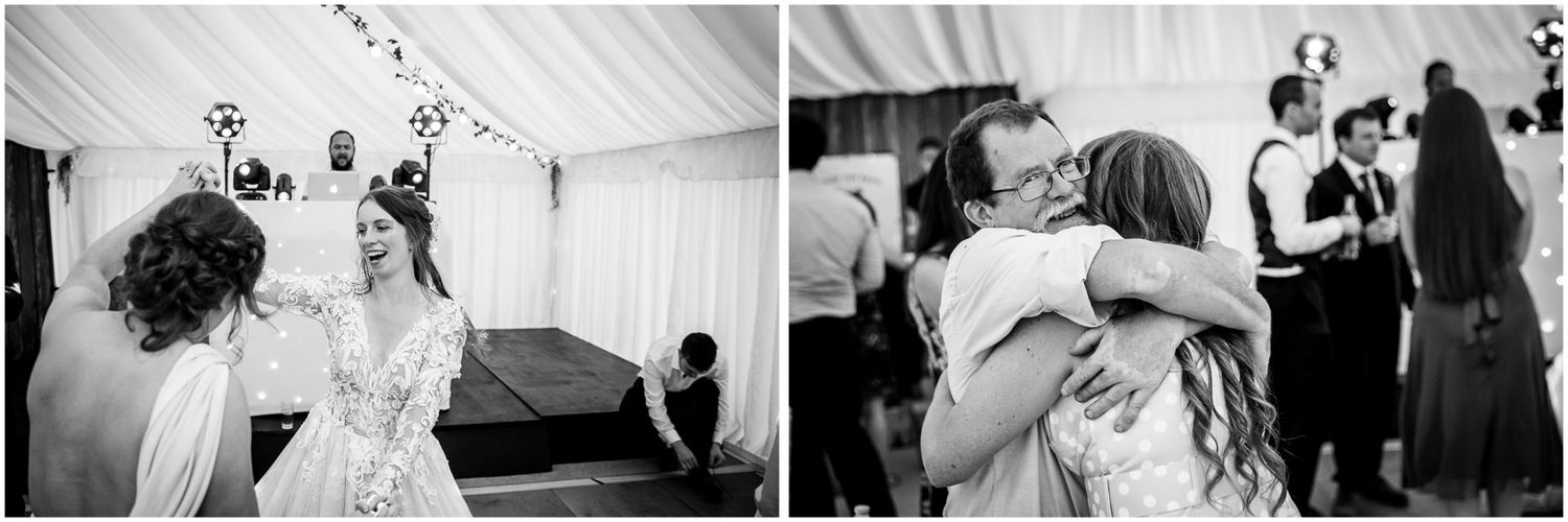 Two black and white wedding reception photos show joyful dancing and embracing guests celebrating on the dance floor.