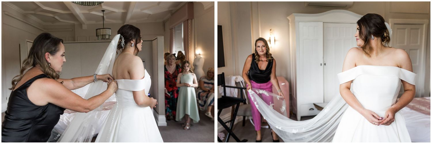 A series of candid wedding preparation moments showing dress adjustments and getting ready scenes.