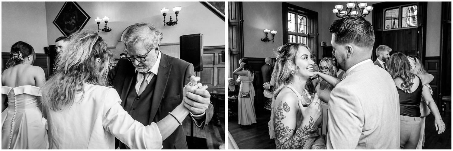 A series of black and white photographs showing couples dancing together in an intimate ballroom setting.