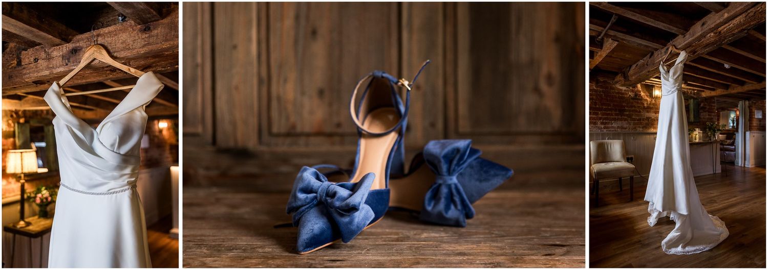 The bride's wedding dress and shoes photographed in the heart of the old mill building at Sopley, a wedding venue near Christchurch Dorset