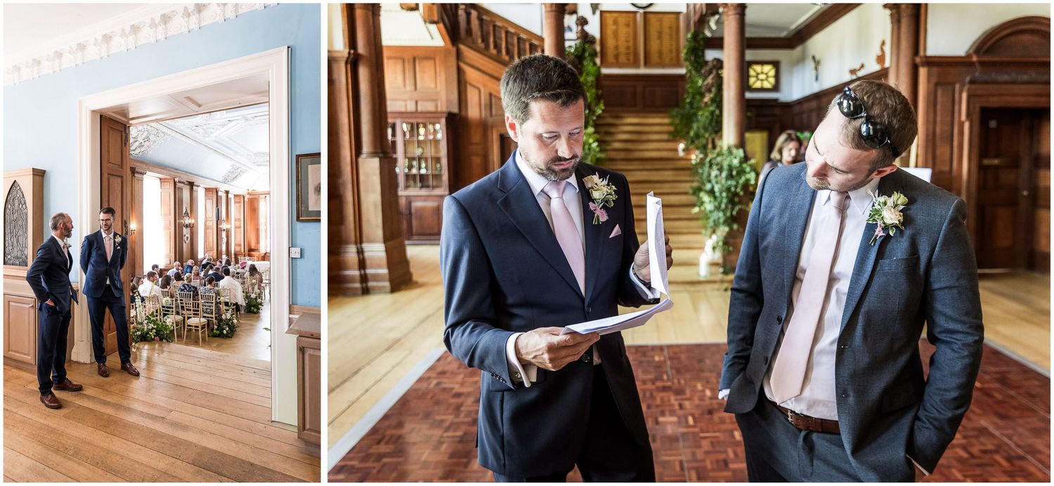 Final moments in the entrance hall of Walhampton School before the start of a wedding