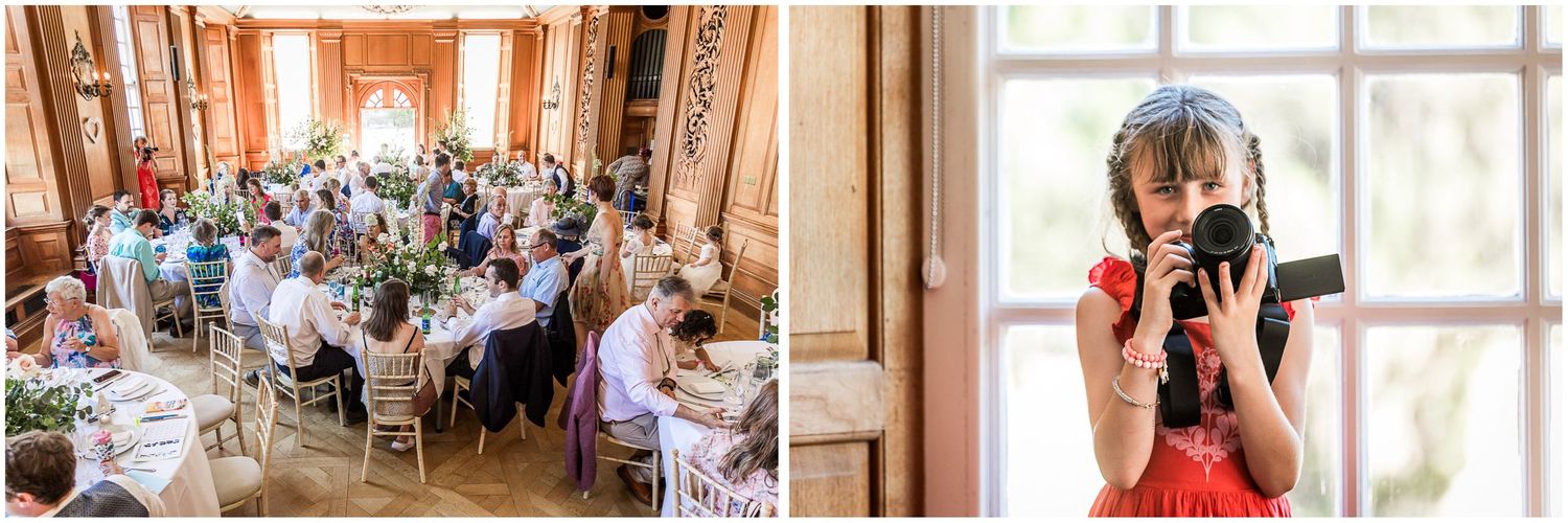 Wedding photography of guests taking their seats for the main meal and celebration at Walhampton School