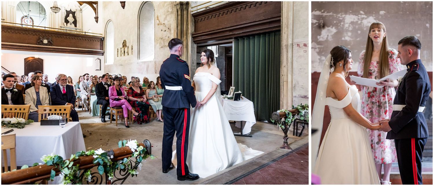 A military service member and person in white wedding dress stand together during a church ceremony.