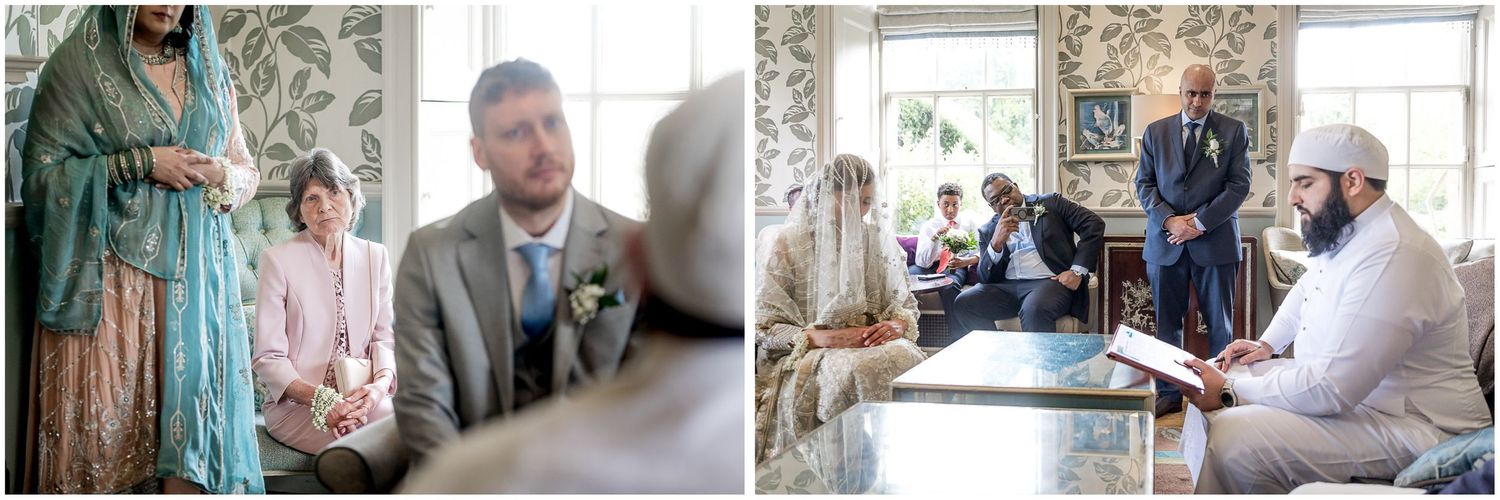 A series of intimate moments captured during a wedding celebration in a sunlit room with floral wallpaper.