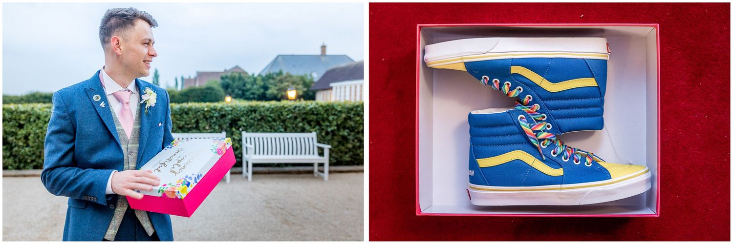 Blue and pink high-top sneakers displayed against red background and outdoors.