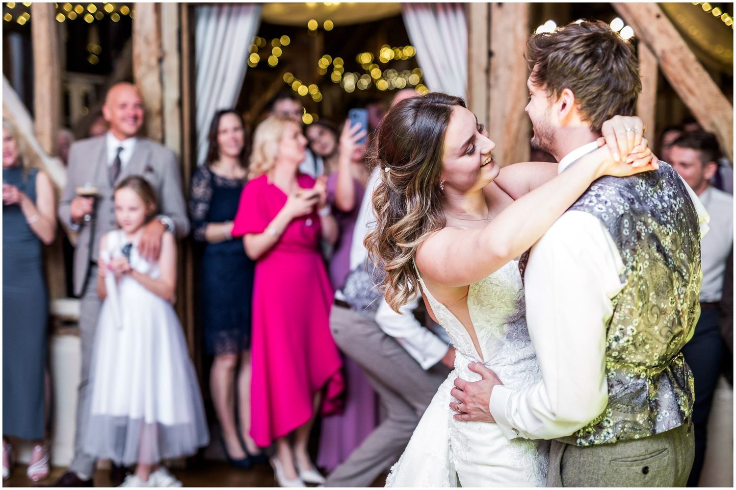 Bride and groom first dance at Clock Barn