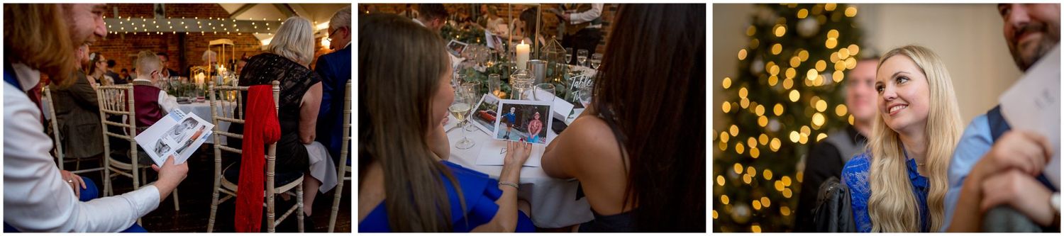 Wedding guests celebrate during an indoor reception with warm lighting and festive decorations.