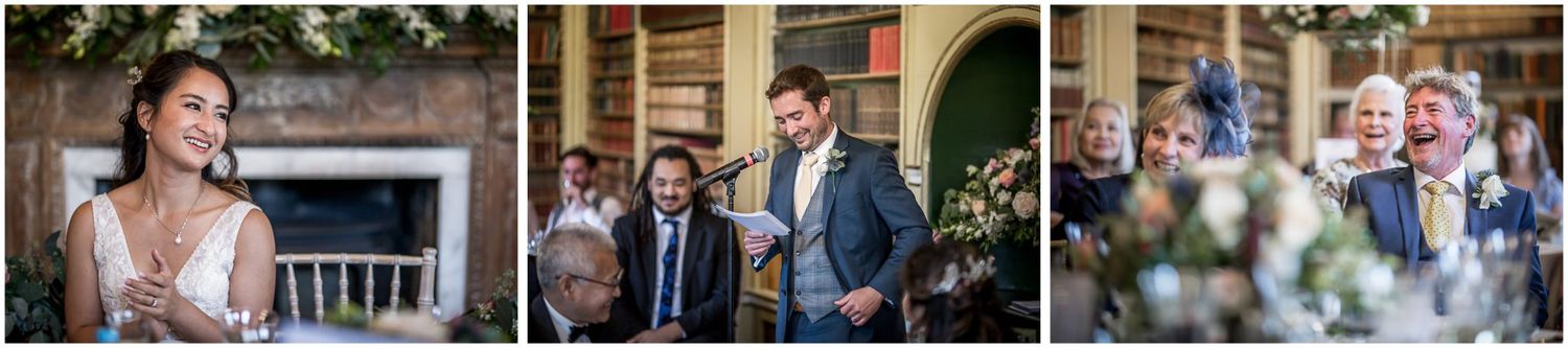 Outdoor wedding venue scenes with guests gathering among brick architecture and gardens.