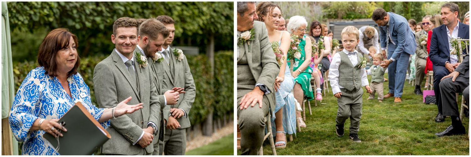 Outdoor wedding ceremony guests seated in rows on a grassy hillside.
