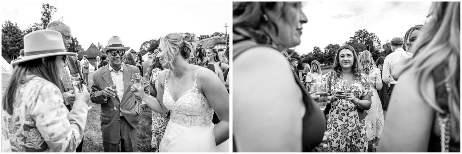 Black and white candid shots of guests celebrating at an outdoor wedding reception.