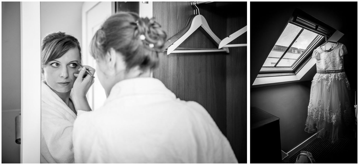 A black and white diptych showing a reflection in a mirror and a white dress hanging near a window.