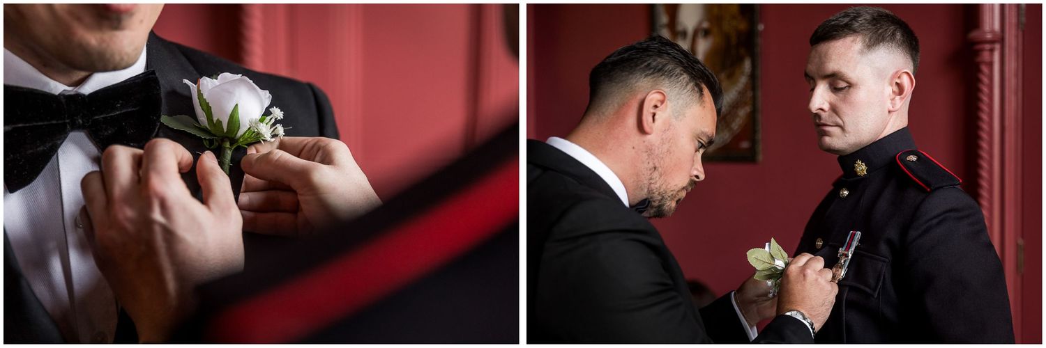 Intimate moments captured during an indoor wedding ceremony with red walls.