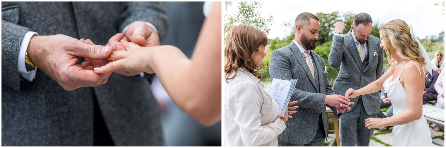 Close-up of wedding ring exchange during outdoor ceremony.