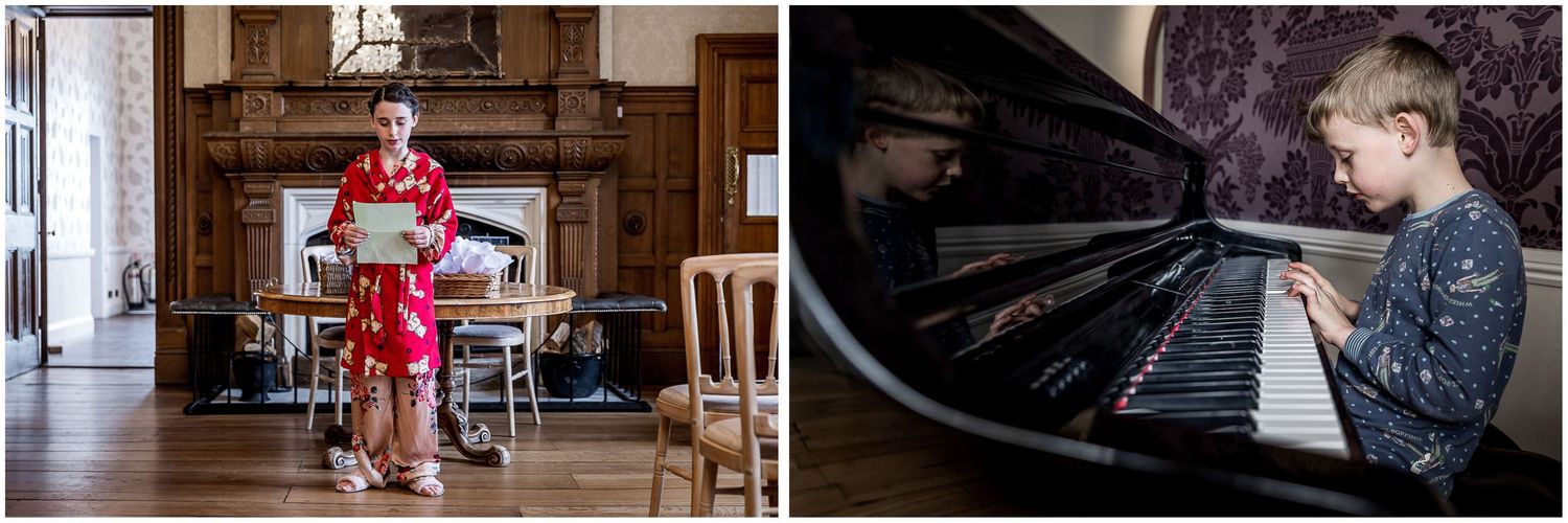Wedding day preparations in a rustic venue with piano and wooden floors.